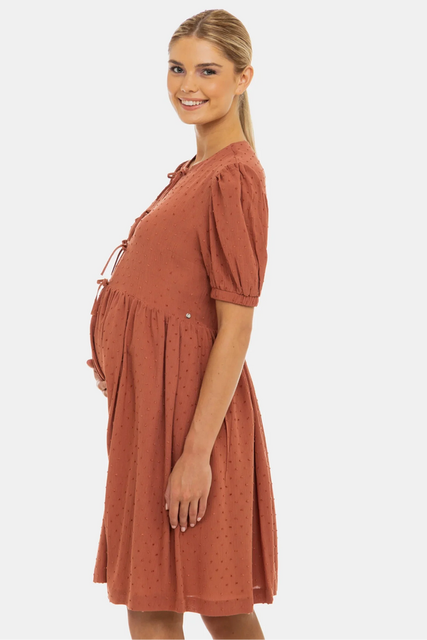 Těhotenské a kojicí šaty s mašlemi – terakota