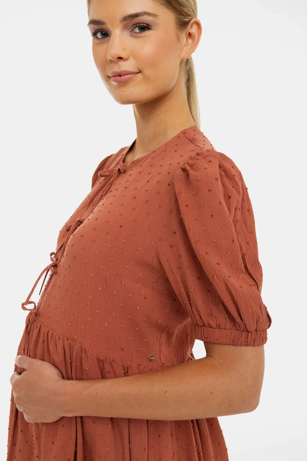 Těhotenské a kojicí šaty s mašlemi – terakota