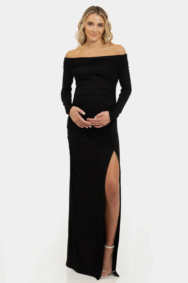 Dlouhé černé těhotenské šaty s odhalenými rameny