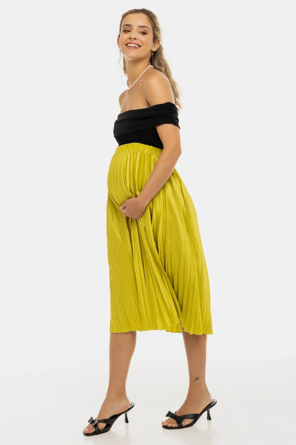 Plisovaná saténová sukně těhotenská - limetková