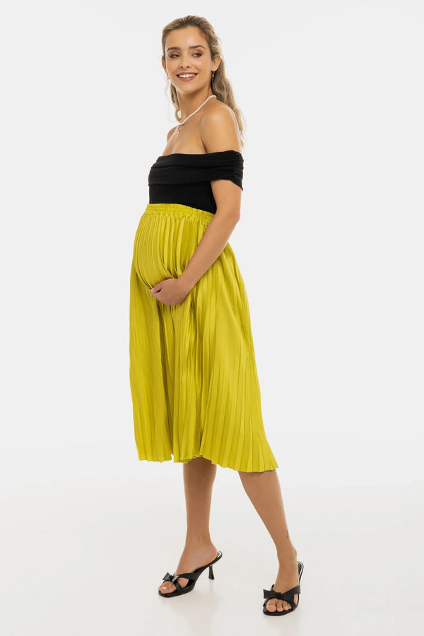 Plisovaná saténová sukně těhotenská - limetková