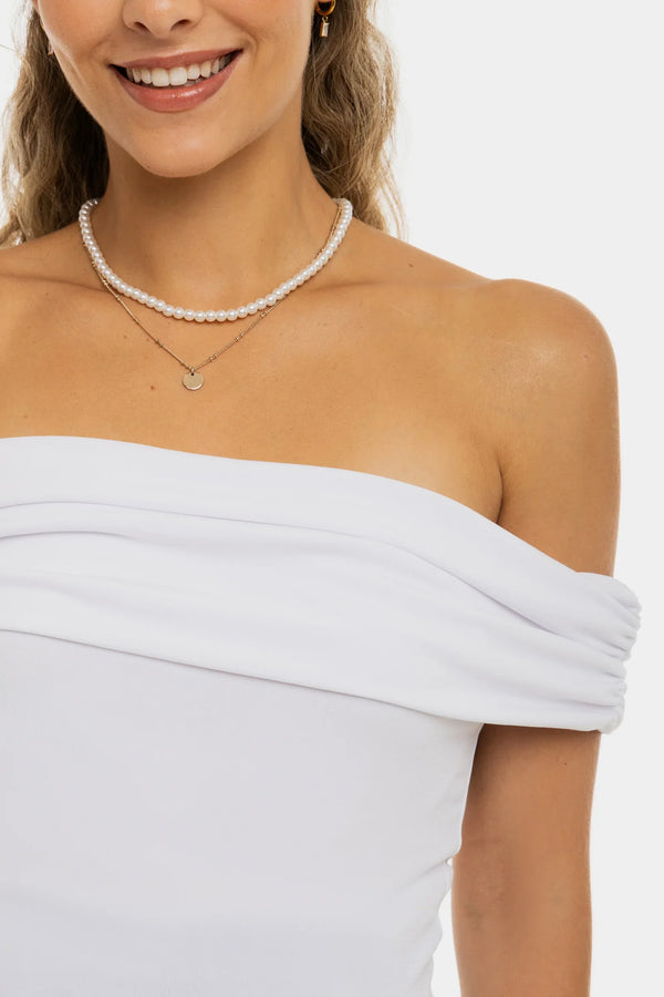 Elegantní těhotenský top s odhalenými rameny – bílý