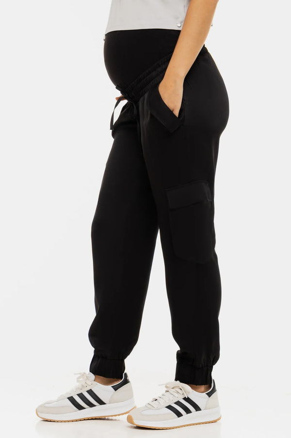 Saténové těhotenské cargo kalhoty - černý