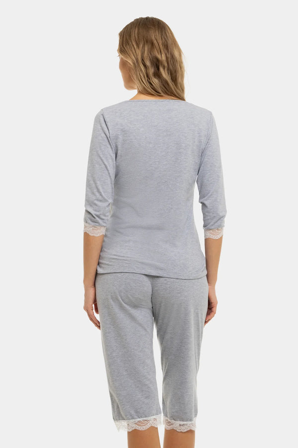 Šedé bavlněné těhotenské a kojící pyžamo s krajkou