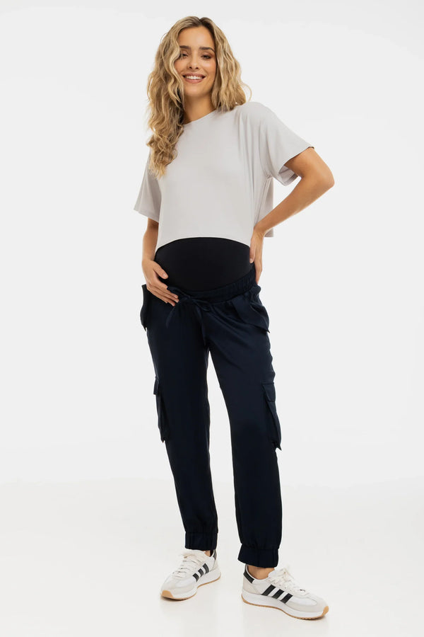 Saténové těhotenské cargo kalhoty - tmavě modrá