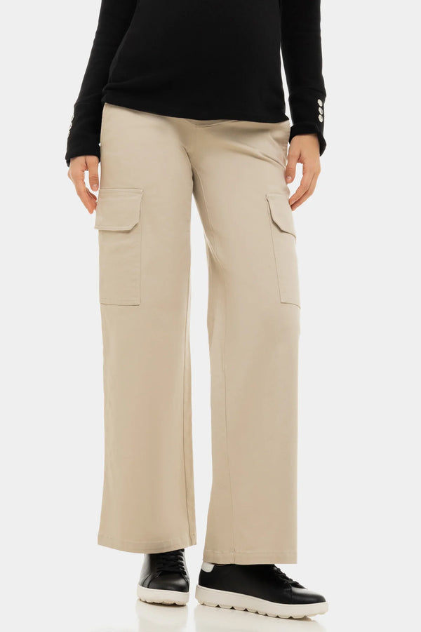 Široké béžové bavlněné těhotenské kalhoty