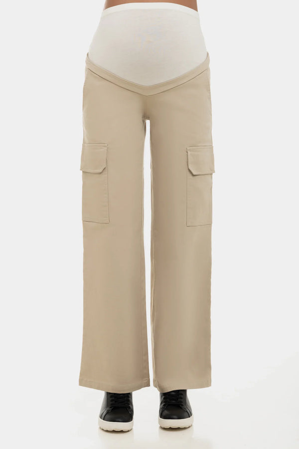 Široké béžové bavlněné těhotenské kalhoty