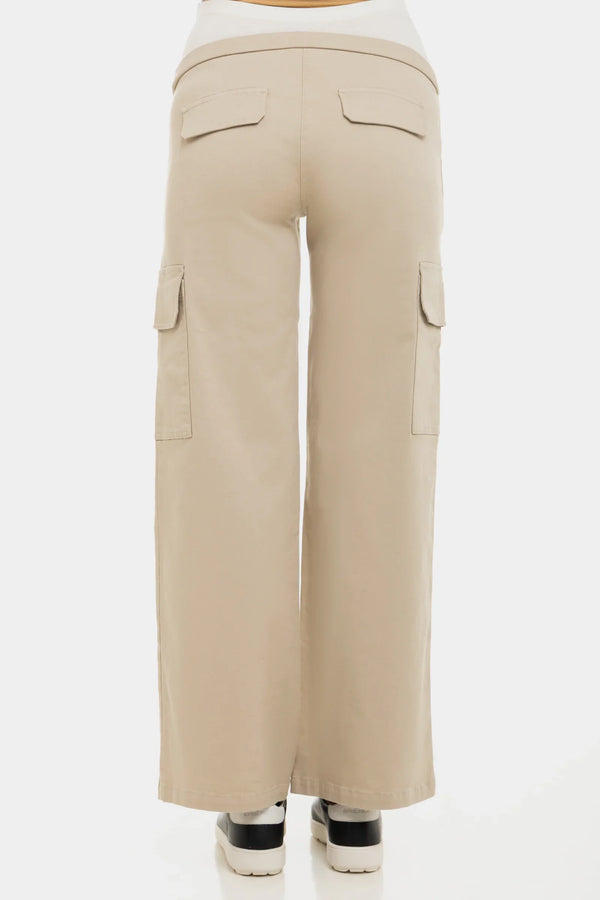 Široké béžové bavlněné těhotenské kalhoty