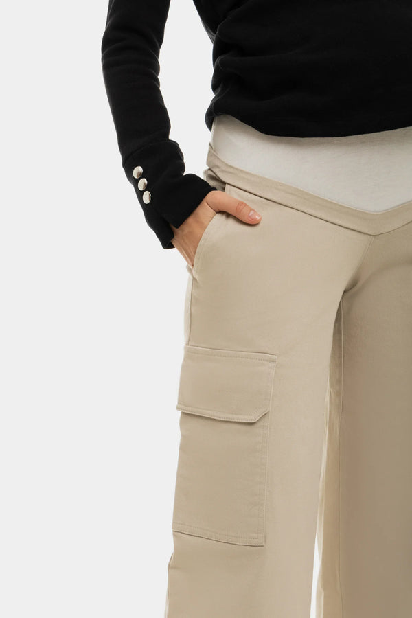 Široké béžové bavlněné těhotenské kalhoty