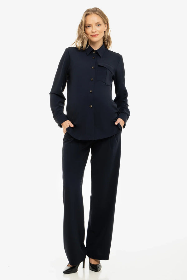 Elastické těhotenské rozevláté kalhoty s sklady – tmavě modré