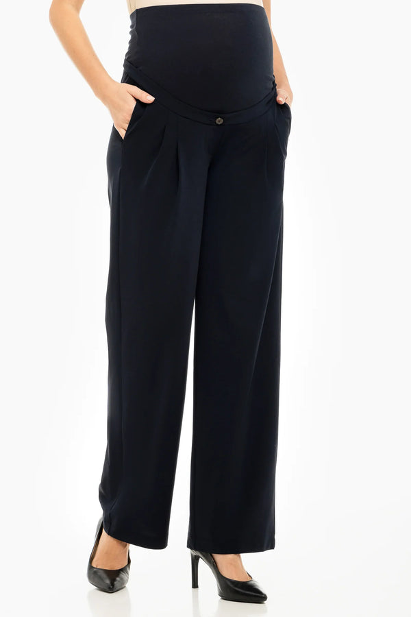 Elastické těhotenské rozevláté kalhoty s sklady – tmavě modré