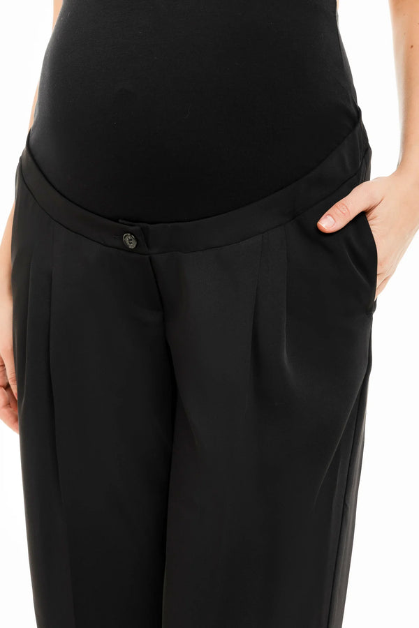 Rozšířené elastické těhotenské kalhoty se sklady - černý