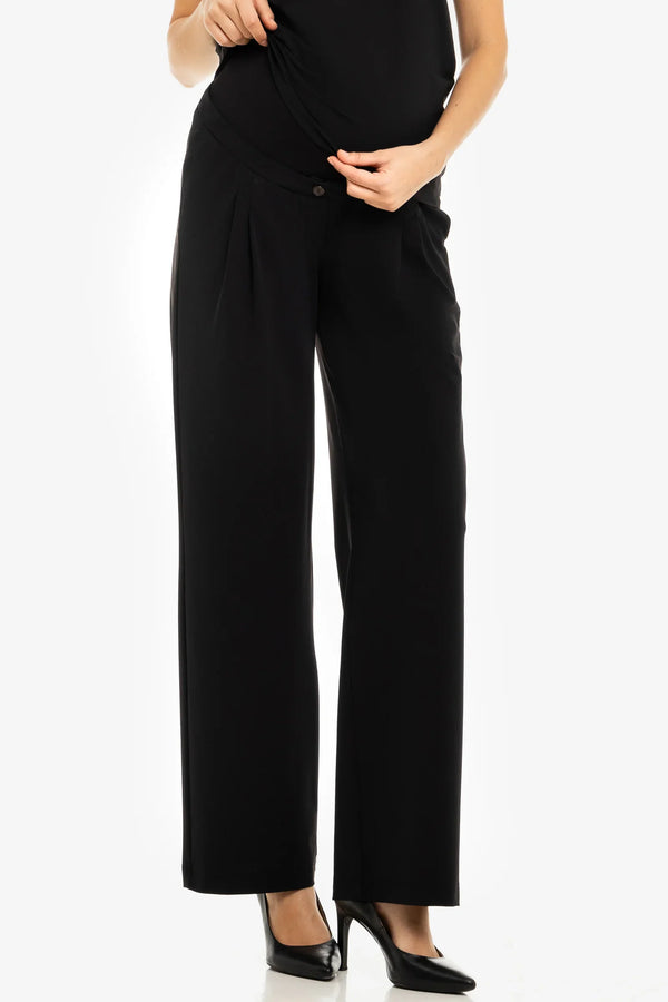 Elastické těhotenské rozevláté kalhoty s sklady – černé