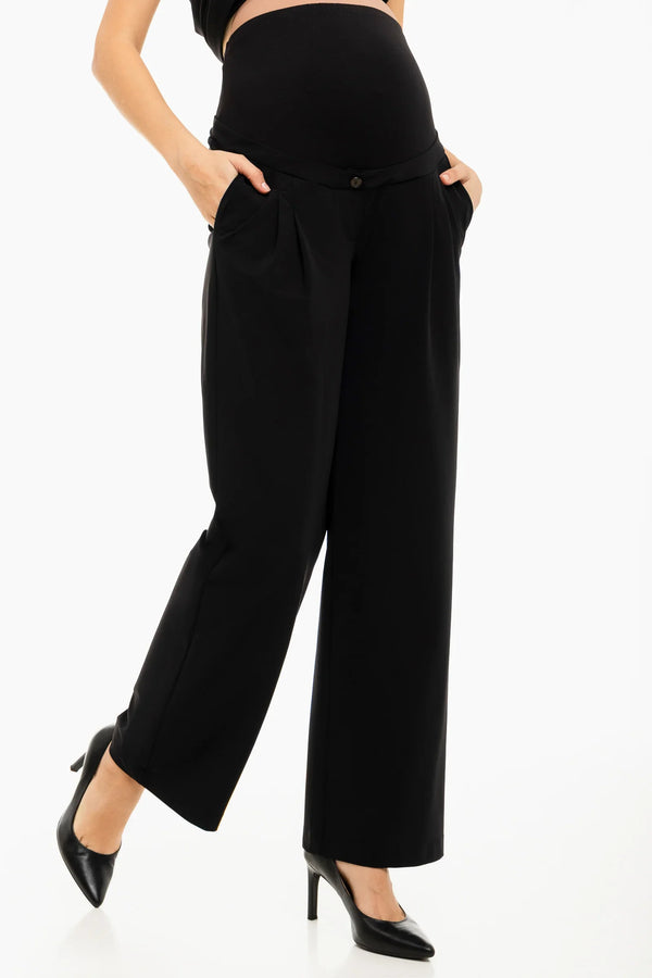 Rozšířené elastické těhotenské kalhoty se sklady - černý