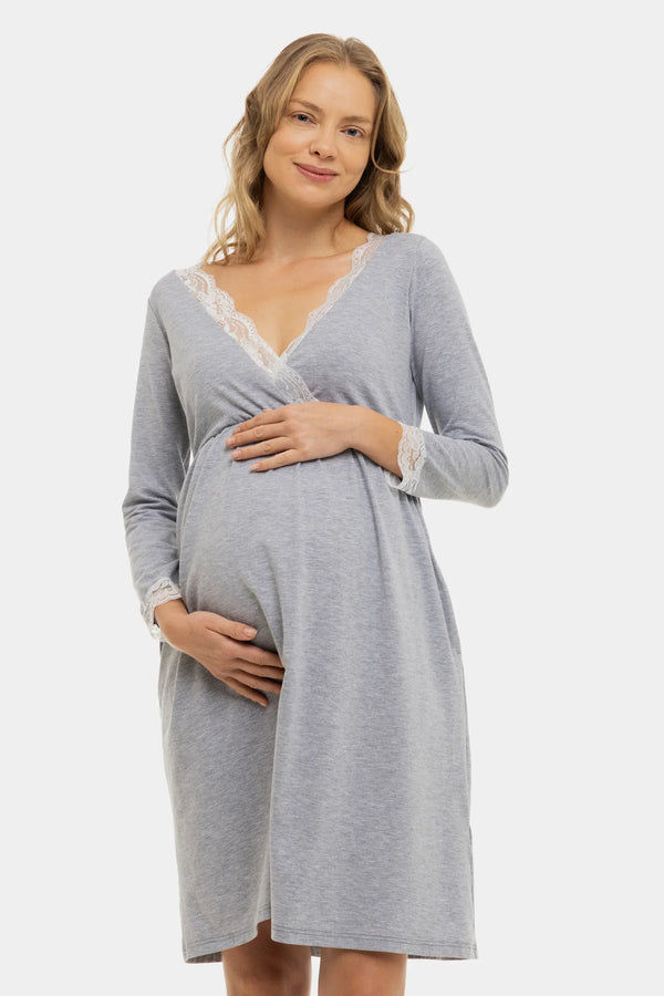 Bavlněná šedá těhotenská a kojící noční košile se 7/8 rukávy