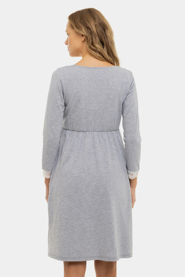 Bavlněná šedá těhotenská a kojící noční košile se 7/8 rukávy