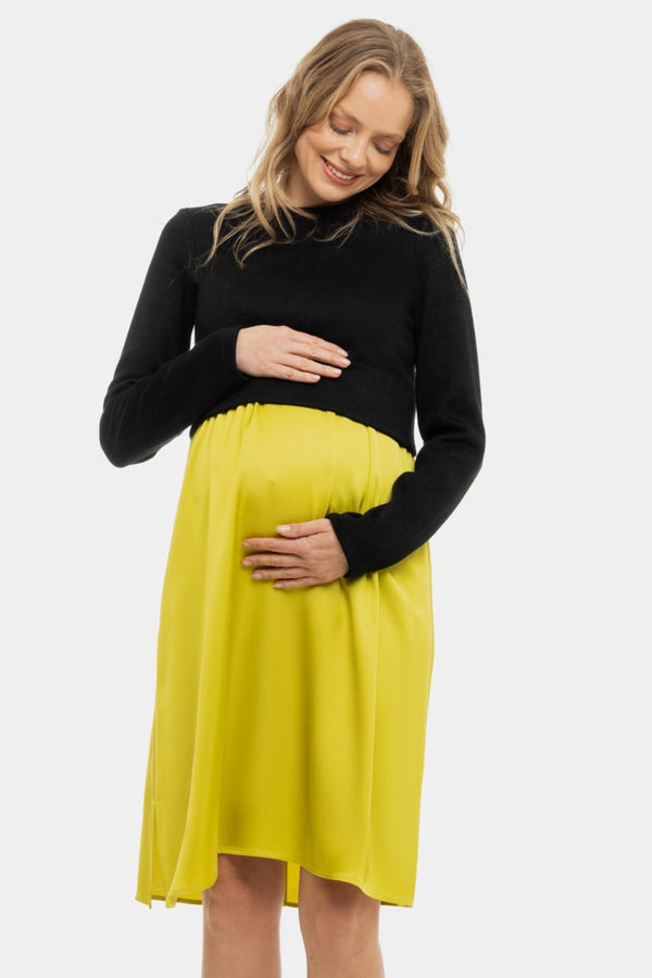 Saténové těhotenské a kojící šaty s pulovrem - citronové