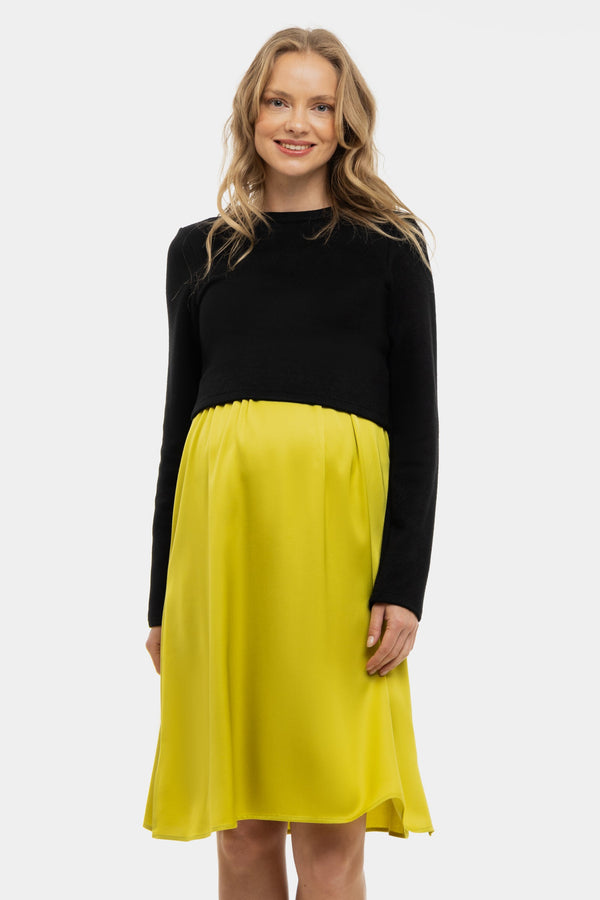 Saténové těhotenské a kojící šaty s pulovrem - citronové