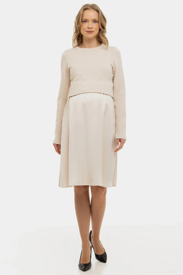 Saténové těhotenské a kojící šaty s pulovrem - béžové