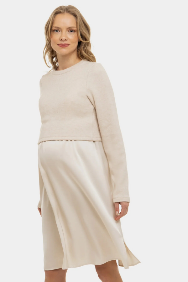 Saténové těhotenské a kojící šaty s pulovrem - béžové