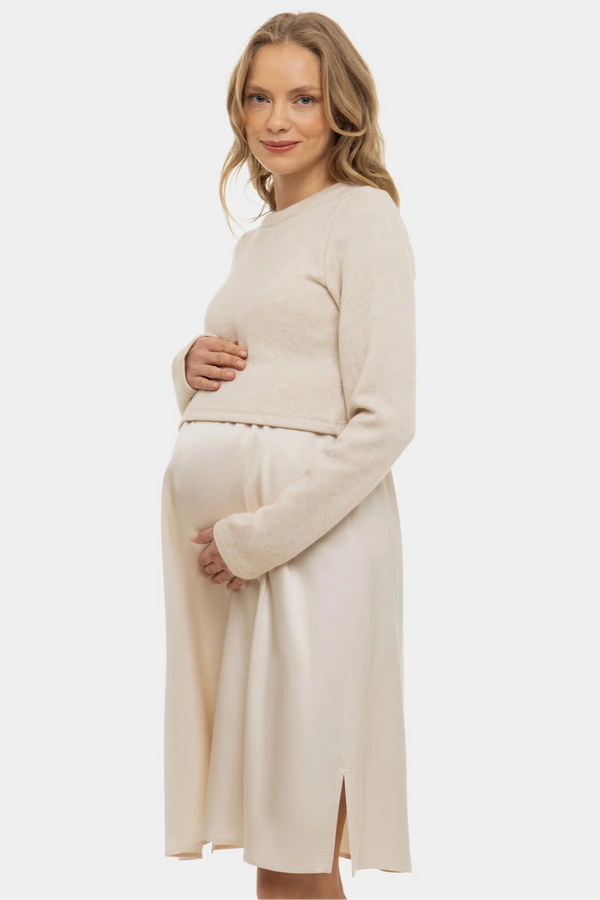 Saténové těhotenské a kojící šaty s pulovrem - béžové