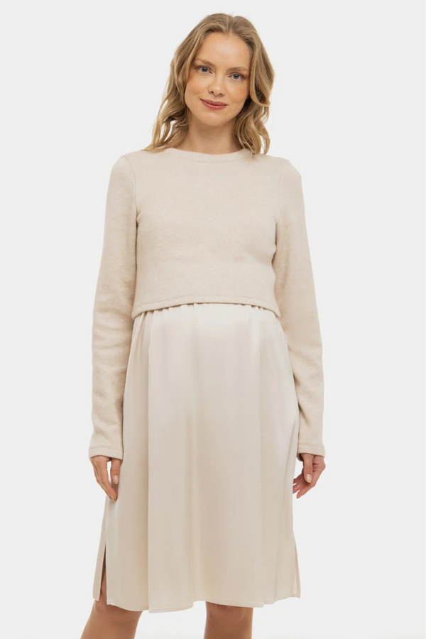 Saténové těhotenské a kojící šaty s pulovrem - béžové