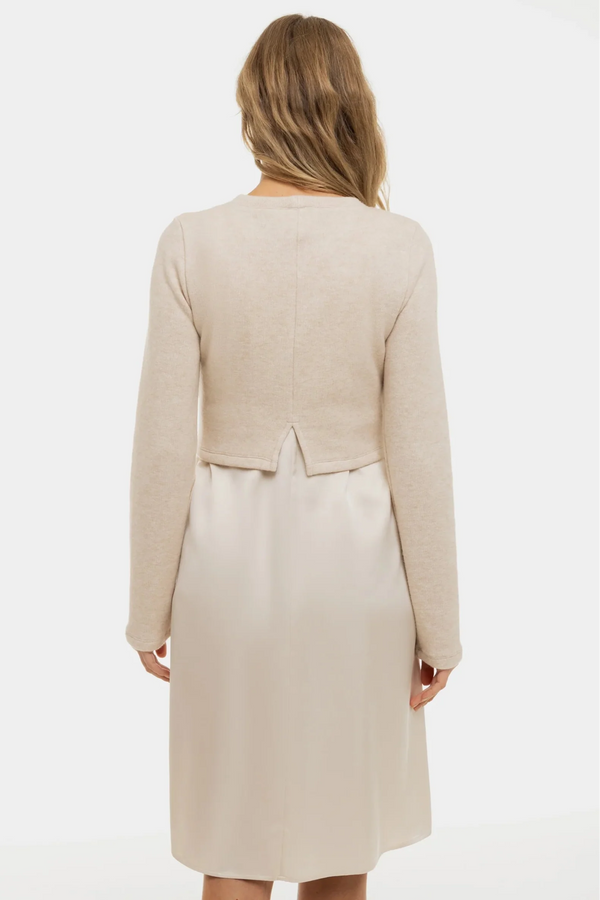 Saténové těhotenské a kojící šaty s pulovrem - béžové