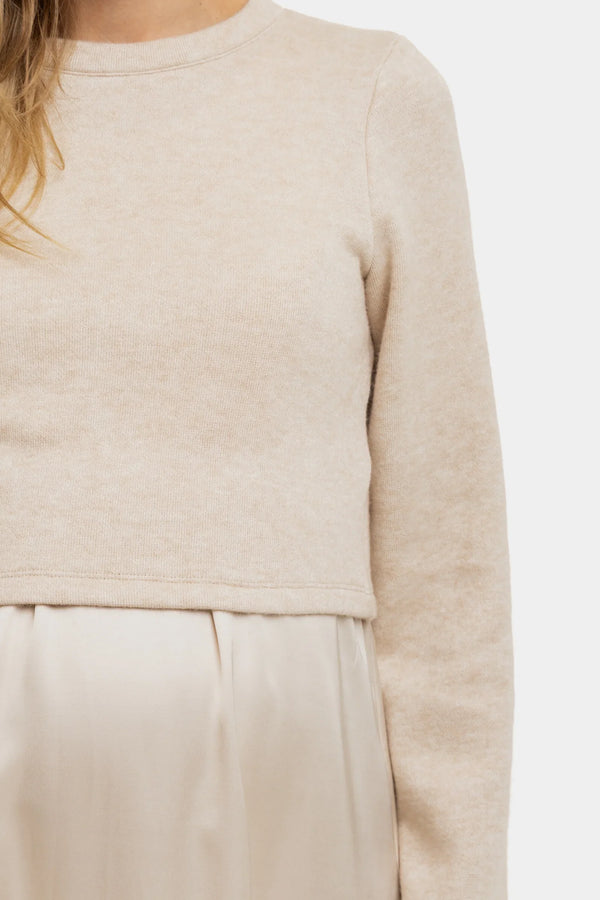 Saténové těhotenské a kojící šaty s pulovrem - béžové