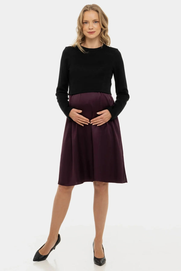Saténové těhotenské a kojící šaty s pulovrem - bordó
