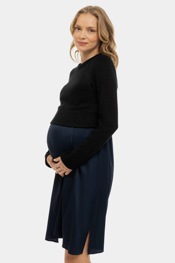 Saténové těhotenské a kojící šaty s pulovrem - tmavě modrá