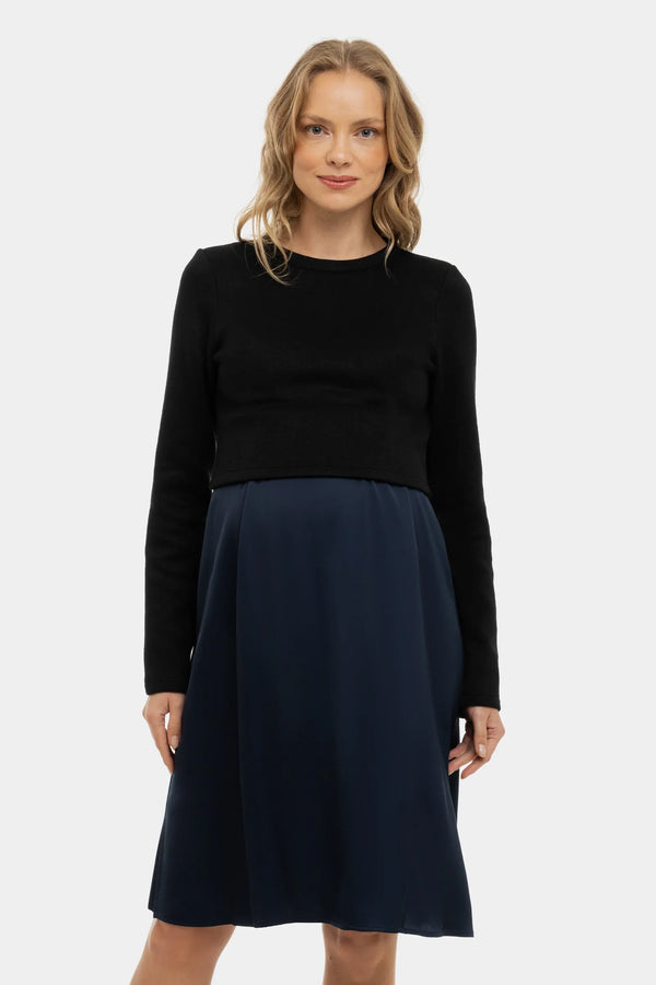 Saténové těhotenské a kojící šaty s pulovrem - tmavě modrá