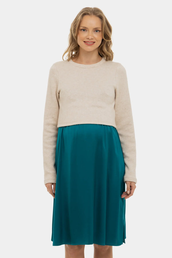 Saténové těhotenské a kojící šaty s pulovrem - tyrkysový