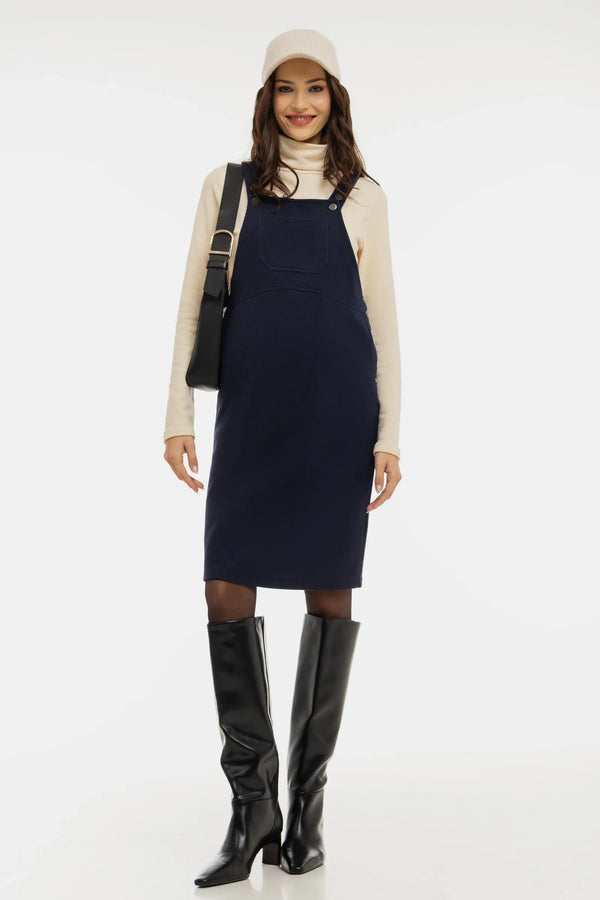 Pletené těhotenské a kojicí šaty s laclem - tmavě modré