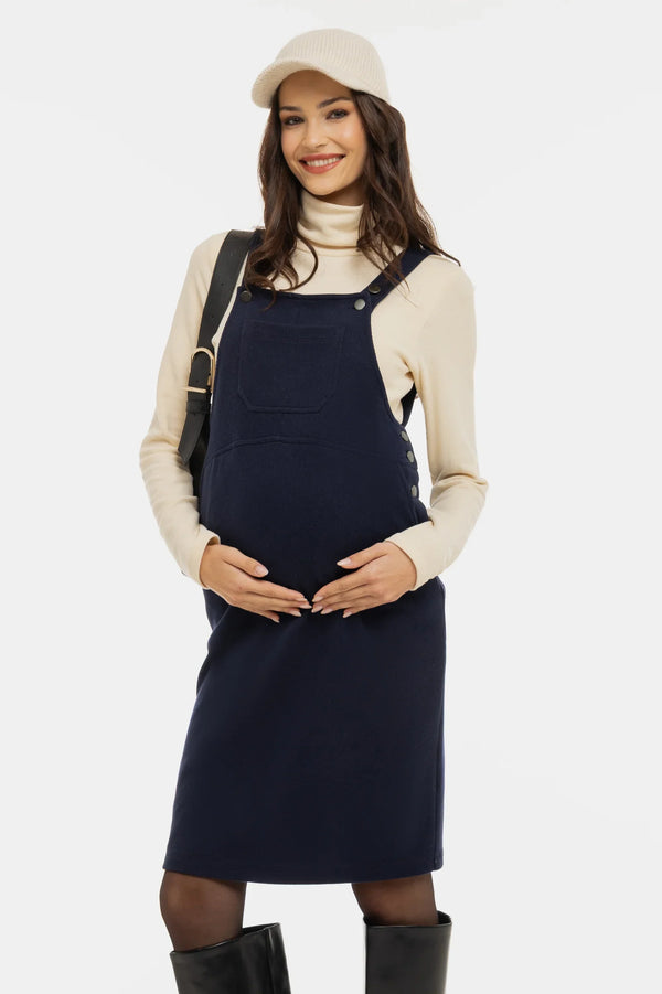 Pletené těhotenské a kojicí šaty s laclem - tmavě modré