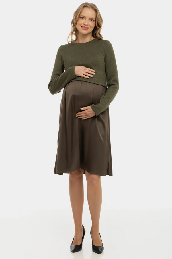 Saténové těhotenské a kojící šaty s pulovrem - khaki