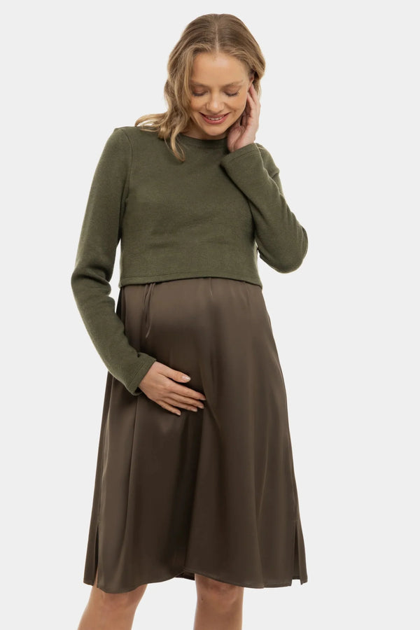 Saténové těhotenské a kojící šaty s pulovrem - khaki