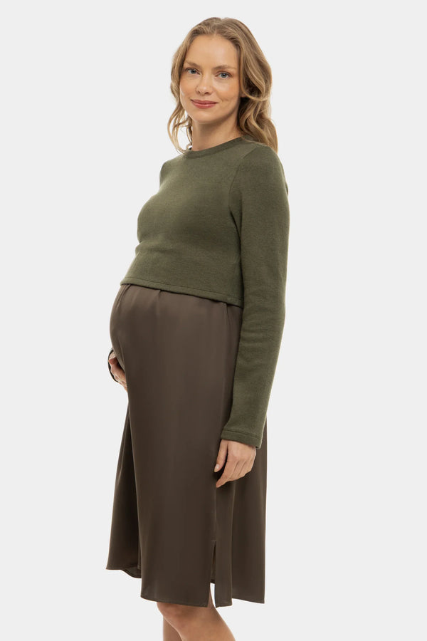 Saténové těhotenské a kojící šaty s pulovrem - khaki