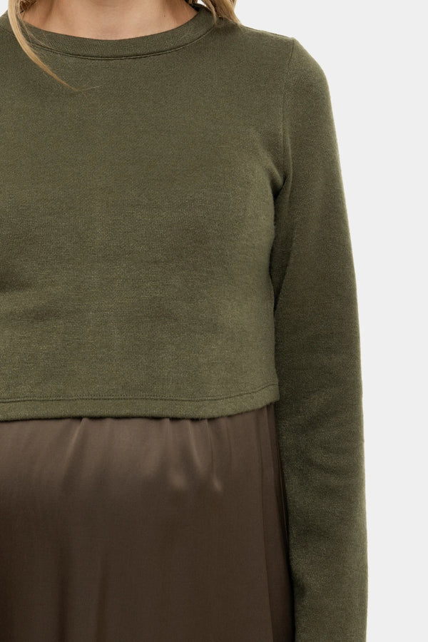 Saténové těhotenské a kojící šaty s pulovrem - khaki