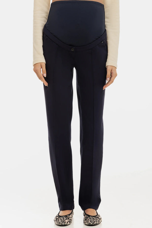 Elegantní těhotenské kalhoty z úpletu – tmavě modré