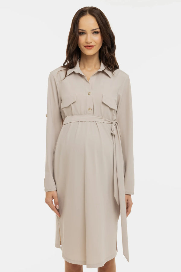 Elastické těhotenské a kojicí šaty s límečkem – béžové