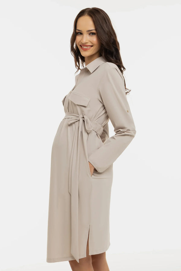 Elastické těhotenské a kojicí šaty s límečkem – béžové