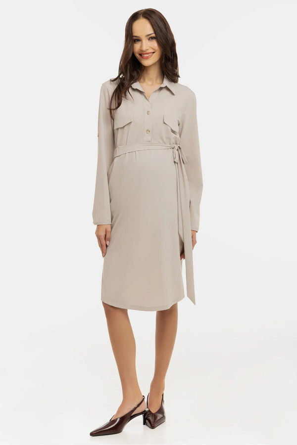 Elastické těhotenské a kojicí šaty s límečkem – béžové