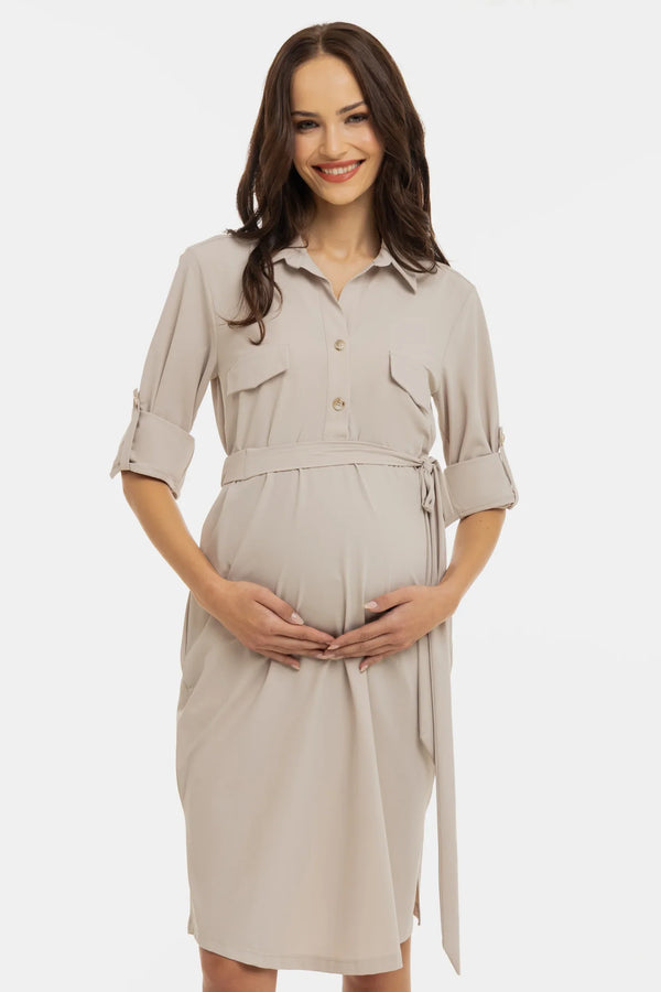 Elastické těhotenské a kojicí šaty s límečkem – béžové