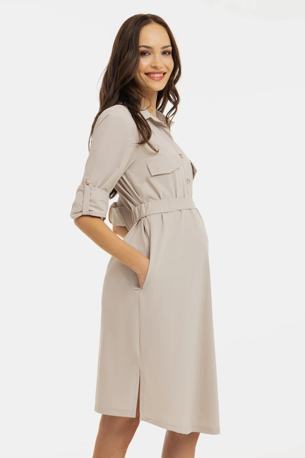 Elastické těhotenské a kojicí šaty s límečkem – béžové