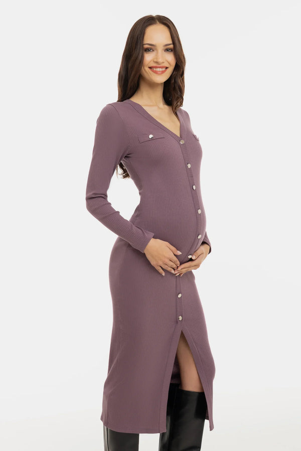 Bavlněné žebrované těhotenské a kojicí šaty – popel z růží