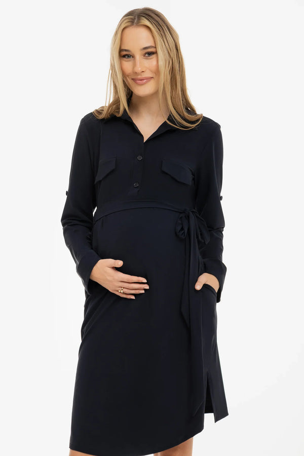 Elastické těhotenské a kojicí šaty s límečkem – tmavě modré