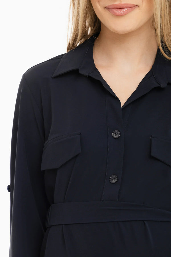 Elastické těhotenské a kojicí šaty s límečkem – tmavě modré