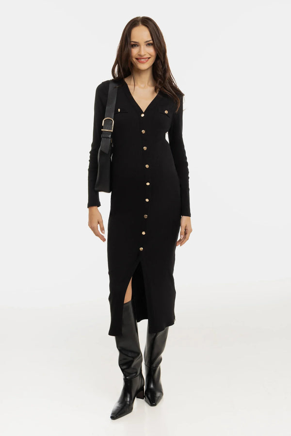 Bavlněné žebrované těhotenské a kojicí šaty – černé