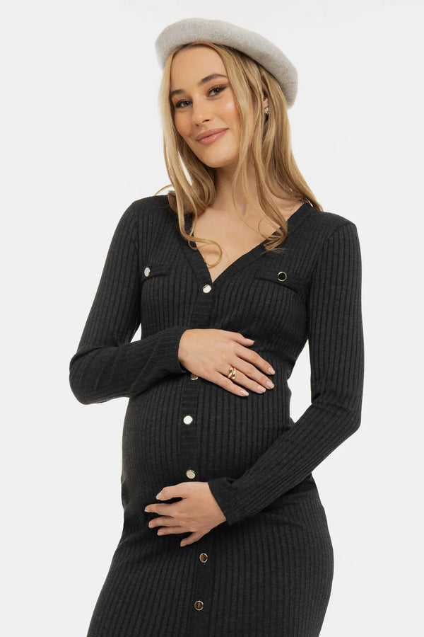 Pletené těhotenské a kojicí šaty na knoflíky – antracit