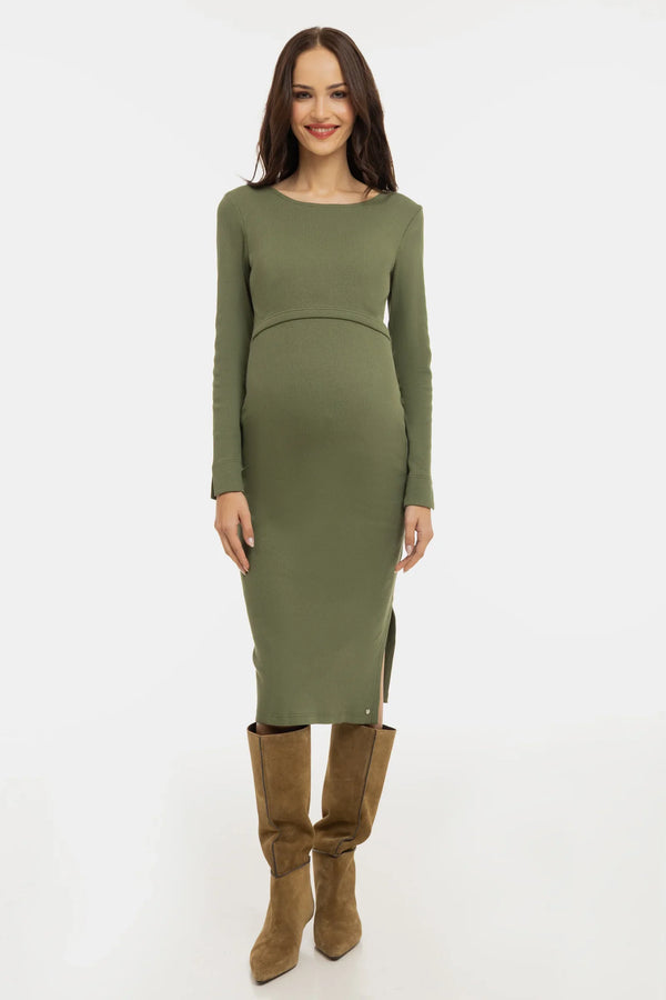 Žebrované bavlněné těhotenské a kojicí šaty - olivově zelená